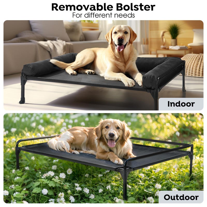 Veehoo Elevated Raised Dog Bed-Cooling Outdoor Dog Cot Bed for Large Sized Dogs Three-Sided Fence Raised Pet Cot with Mesh & No-Slip Feet Dog Hammock Bed with Removable Bolster-47 x 29" Black - Image 5