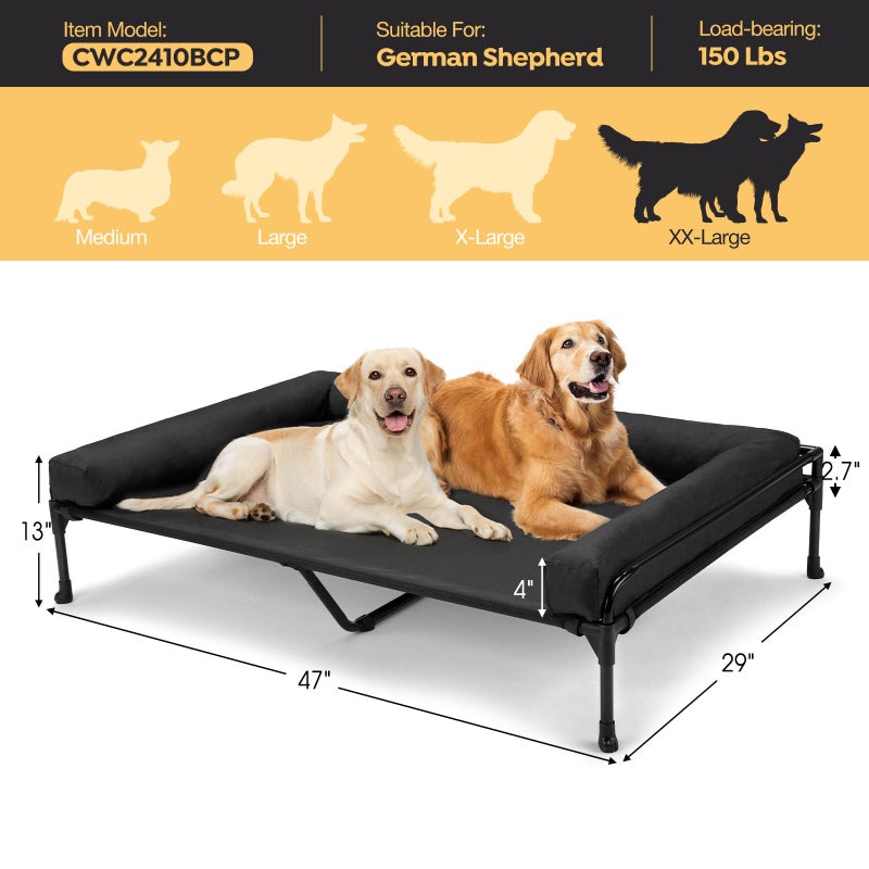 Veehoo Elevated Raised Dog Bed-Cooling Outdoor Dog Cot Bed for Large Sized Dogs Three-Sided Fence Raised Pet Cot with Mesh & No-Slip Feet Dog Hammock Bed with Removable Bolster-47 x 29" Black - Image 3