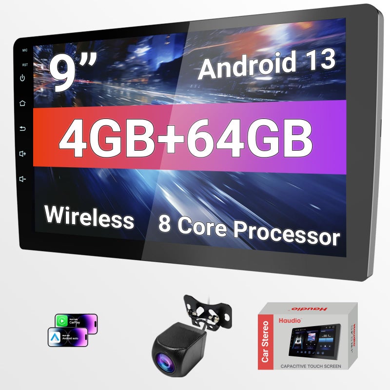 Haudio Double Din Android 13 Car Stereo - 9" HD Touchscreen with Wireless CarPlay & 14-Band DSP, 50WÃ—4 Hi-Fi, Dual USB/DVR, GPS | Plug & Play for 99% Cars 2010-2023 - Image 1