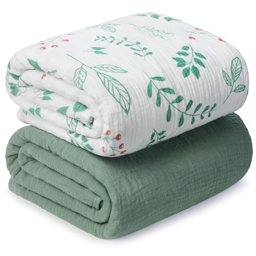 GUNTAIL Muslin Swaddle Blankets for Newborn, 2 Pack Breathable Soft Receiving Blanket, Large 41 x 41 inches Swaddle Wrap Burping Clothes, Essentials Infant Shower Items. (Green & Leaves) - Image 1