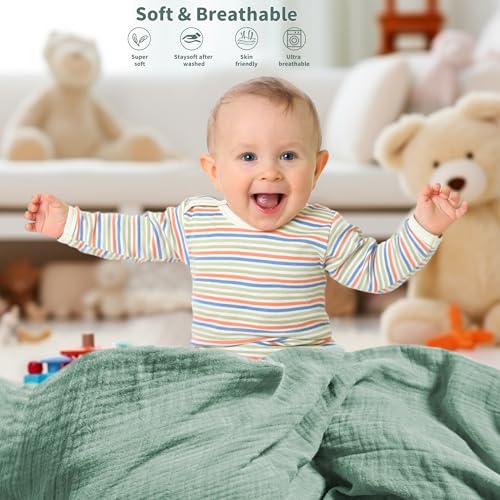 GUNTAIL Muslin Swaddle Blankets for Newborn, 2 Pack Breathable Soft Receiving Blanket, Large 41 x 41 inches Swaddle Wrap Burping Clothes, Essentials Infant Shower Items. (Green & Leaves) - Image 4