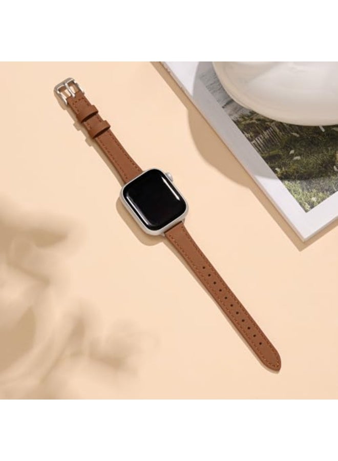 لغة أساور جلدية نحيفة متوافقة مع ساعة Apple بمقاسات 38 مم و40 مم و41 مم و42 مم (Series 11 / 10)، سوار ساعة رفيع من جلد طبيعي فاخر، متوافق مع iWatch SE و9 و8 و7 و6 و5 و4 و3 و2 و1 (بني فضي) - Image 4