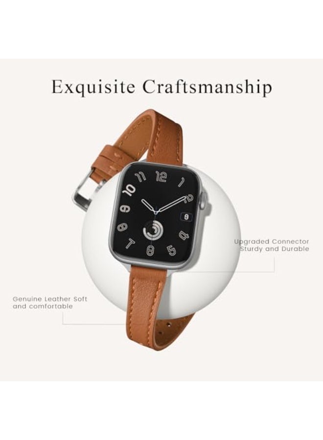 لغة أساور جلدية نحيفة متوافقة مع ساعة Apple بمقاسات 38 مم و40 مم و41 مم و42 مم (Series 11 / 10)، سوار ساعة رفيع من جلد طبيعي فاخر، متوافق مع iWatch SE و9 و8 و7 و6 و5 و4 و3 و2 و1 (بني فضي) - Image 2