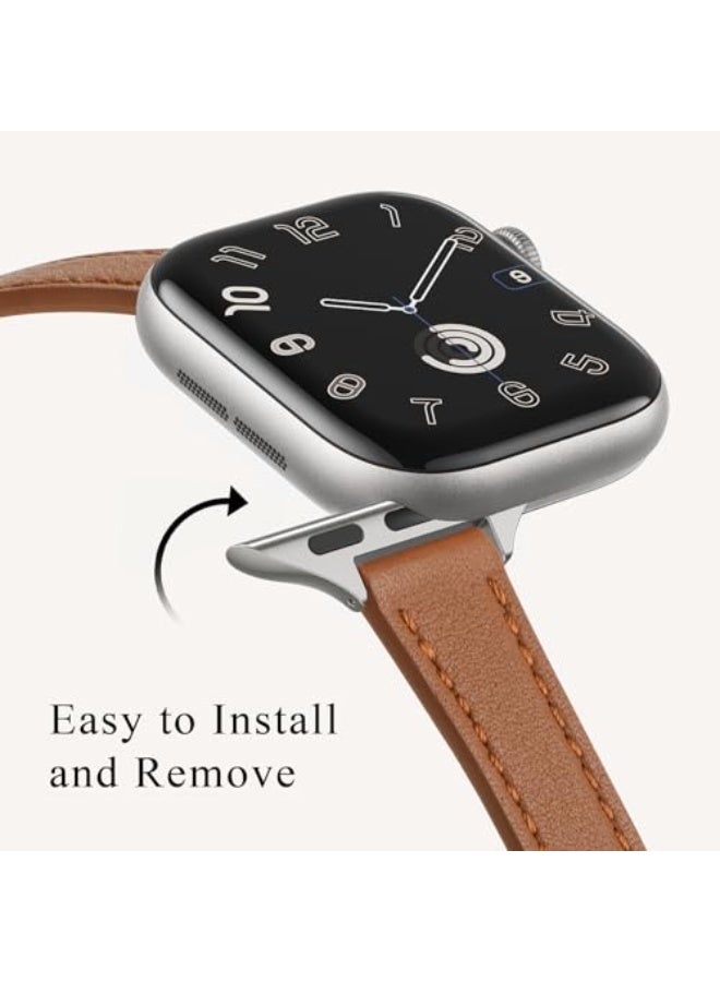 لغة أساور جلدية نحيفة متوافقة مع ساعة Apple بمقاسات 38 مم و40 مم و41 مم و42 مم (Series 11 / 10)، سوار ساعة رفيع من جلد طبيعي فاخر، متوافق مع iWatch SE و9 و8 و7 و6 و5 و4 و3 و2 و1 (بني فضي) - Image 3