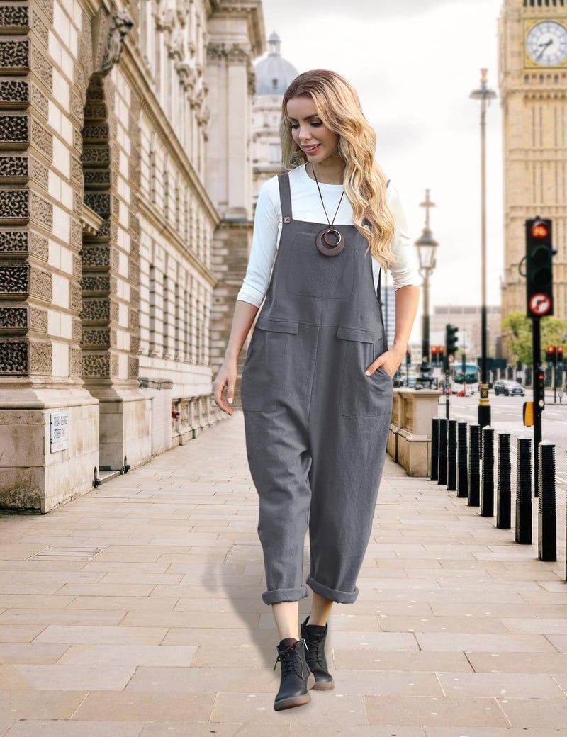 YESNO Women Long Casual Loose Bib Pants Overalls Baggy Rompers Jumpsuits with Pockets (M PV9 Gray) - Image 3