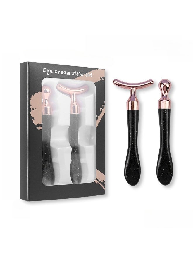 يوكانبي مجموعة من عصاتين لتدليك كريم العين – بمقبض أسود ورأس ذهبية وردية، متعددة الاستخدامات لتطبيق الكريمات والسيروم والمرطبات - Image 1