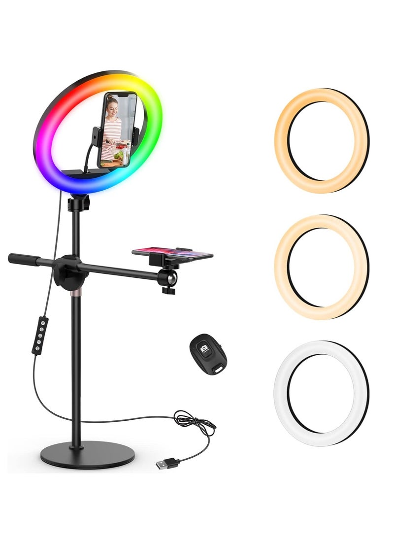 Generic RGB Selfie Ring Light with Tripod Stand & 2 Phone Holders - 26.6 cm, Remote Control for Video Recording & Computer Use  - Image 1