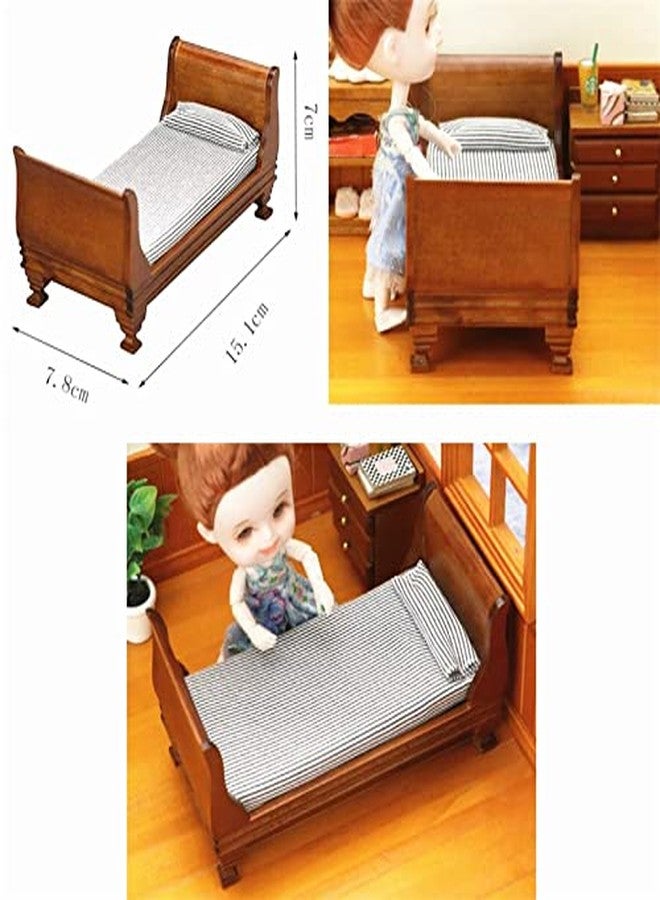 EatingBiting 1:12 Dollhouse Miniature Doll Furniture Vintage Wooden Single Bed Stripe Bedding - Image 5