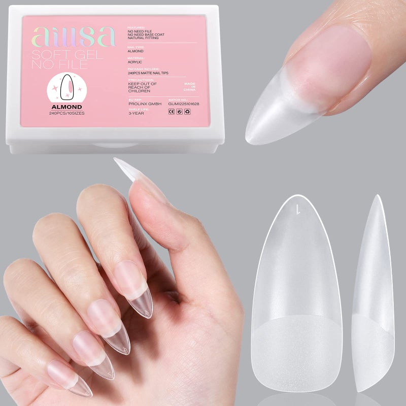 AILLSA Almond Full Cover Nail Tips Upgraded Matte Prefiled Gel Nails Tips False Gelly Press on Soft Nail Tip Medium Almond Shaped Nails for Nail Extensions DIY Holiday Gift 240Pcs 10 Sizes