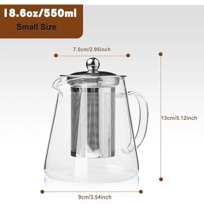 Tazweeq Glass Teapot Stovetop Borosilicate Clear Tea Kettle With Removable 188 Stainless Steel Infuser Teapot Blooming And Loose Leaf Tea Maker Tea Brewer For Camping Travel 550Ml - Image 3