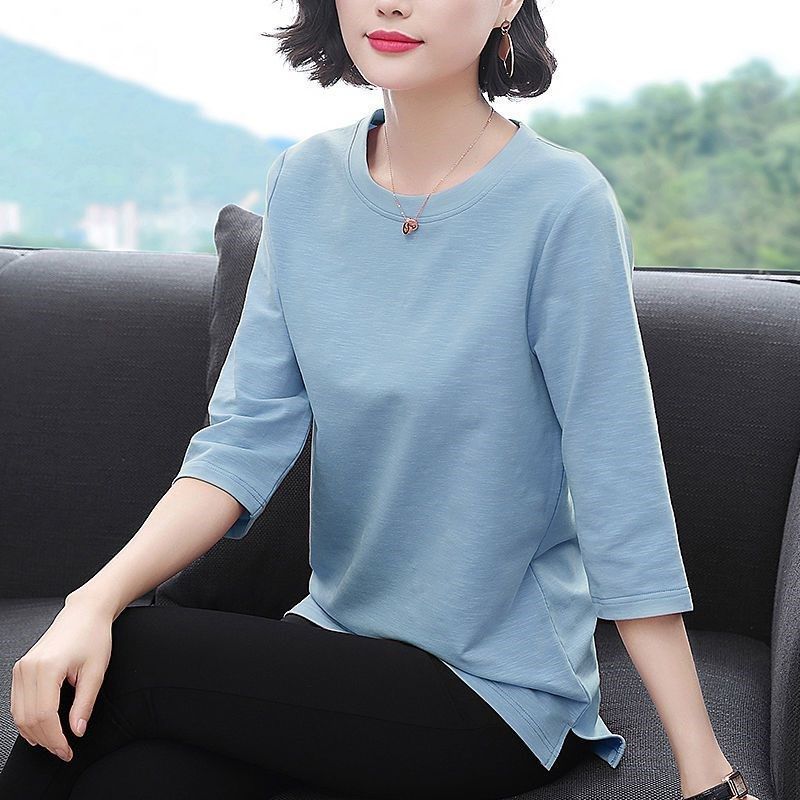 Spring and Autumn New Arrival Seven-Sleeve Top plus size Shirt Long-Sleeved Mother Mid-Long Loose Middle-Aged Mother T-Shirt - Image 1