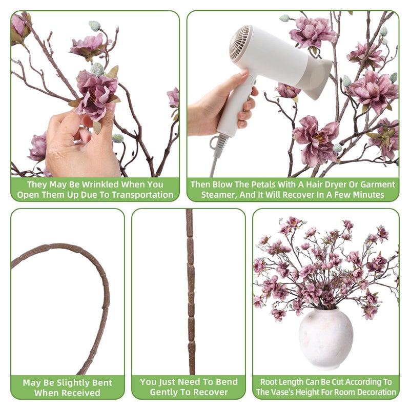 HyeFlora 3PCS Artificial Magnolia Flowers Stems for Spring Decoration, Faux Purple Magnolia Branches with Buds, 34.5" Long Stems Floral Arrangement for Vase Pot Table Centerpiece Indoor Decor - Image 4