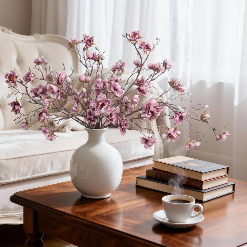 HyeFlora 3PCS Artificial Magnolia Flowers Stems for Spring Decoration, Faux Purple Magnolia Branches with Buds, 34.5" Long Stems Floral Arrangement for Vase Pot Table Centerpiece Indoor Decor - Image 5