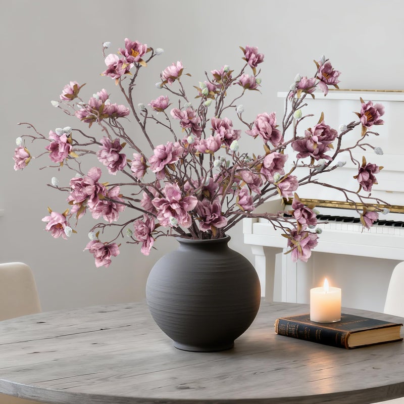 HyeFlora 3PCS Artificial Magnolia Flowers Stems for Spring Decoration, Faux Purple Magnolia Branches with Buds, 34.5" Long Stems Floral Arrangement for Vase Pot Table Centerpiece Indoor Decor - Image 2
