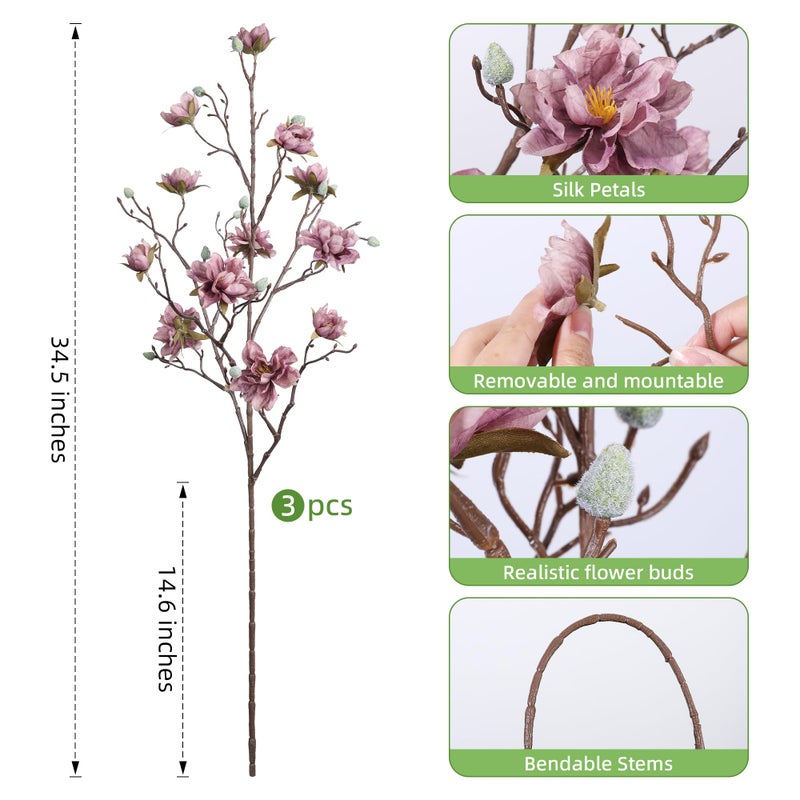 HyeFlora 3PCS Artificial Magnolia Flowers Stems for Spring Decoration, Faux Purple Magnolia Branches with Buds, 34.5" Long Stems Floral Arrangement for Vase Pot Table Centerpiece Indoor Decor - Image 3