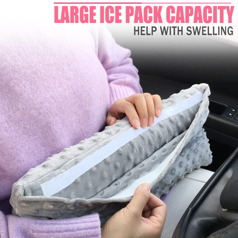 HapiPoppy Hysterectomy Seatbelt Pillow Post Abdominal Surgery Myomectomy Pillows with Pocket for Ice/Hot Packs Breast Reduction Belly Incision Tummy Tuck C-Section Recovery Patients Gifts Minky Dot Light Gray - Image 4