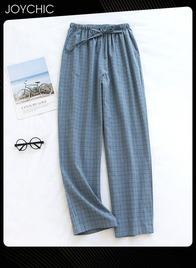 NIBEMINENT Japanese Style Washed Pure Cotton Men's Pyjama Bottom Spring and Autumn Thin Plaid Pattern Home Pants Large Size Light Blue  - Image 1
