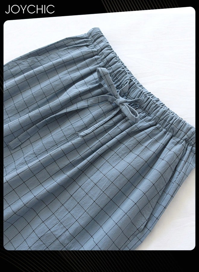 NIBEMINENT Japanese Style Washed Pure Cotton Men's Pyjama Bottom Spring and Autumn Thin Plaid Pattern Home Pants Large Size Light Blue  - Image 3