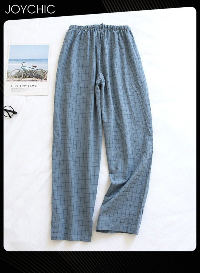 NIBEMINENT Japanese Style Washed Pure Cotton Men's Pyjama Bottom Spring and Autumn Thin Plaid Pattern Home Pants Large Size Light Blue  - Image 2