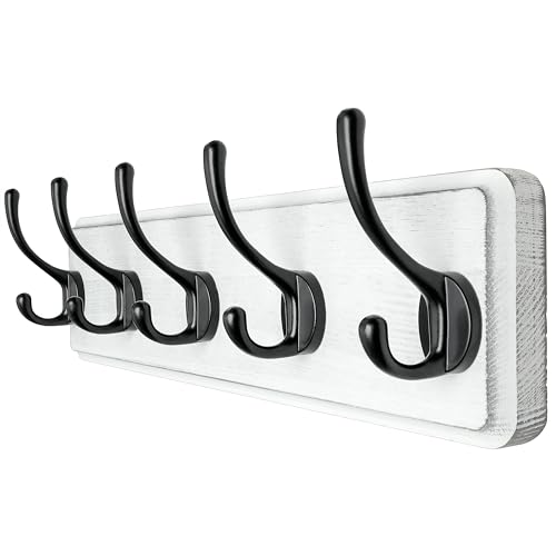 Dseap Coat Rack Wall: Patented, Heavy-Duty, 17.4" Long 5-Double-Hooks Wooden Wall Mounted Coat Rack Coat Hanger Hook Rail for Winter Coats Hat Jacket Clothing, White & Black - Image 1