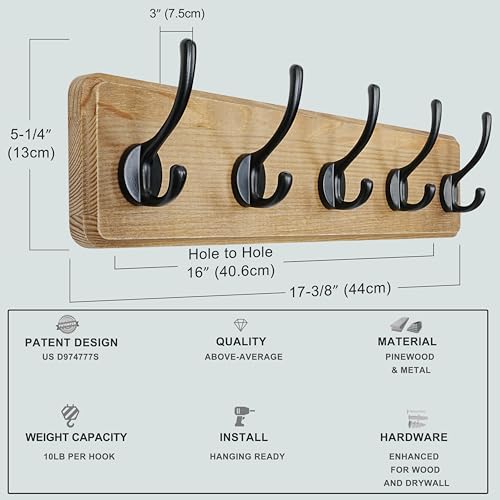 Dseap Coat Rack Wall: Patented, Heavy-Duty, 17.4" Long 5-Double-Hooks Wooden Wall Mounted Coat Rack Coat Hanger Hook Rail for Winter Coats Hat Jacket Clothing, White & Black - Image 5