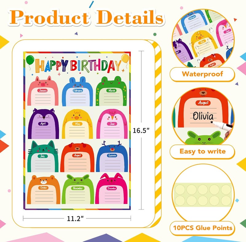 D4DREAM Watercolor Happy Birthday Poster Chart 16.5"x 11" Confetti Animals Birthday Chart for Classroom Decorations for Back to School Teaching Supplies - Image 4