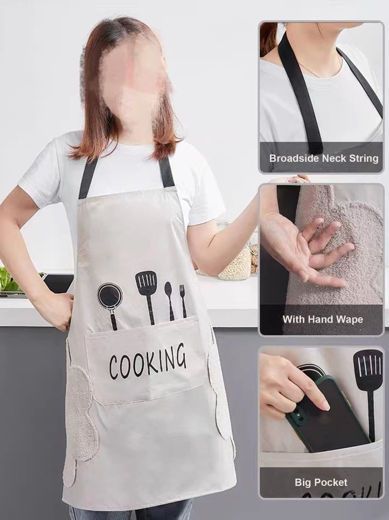 Agirlvct 2 Pack Kitchen Apron with Hand Wipe Water-drop Resistant with 2 Pockets Cooking Bib Aprons for Mother Women Men Chef Coffee Restaurant (Black&Beige) - Image 4