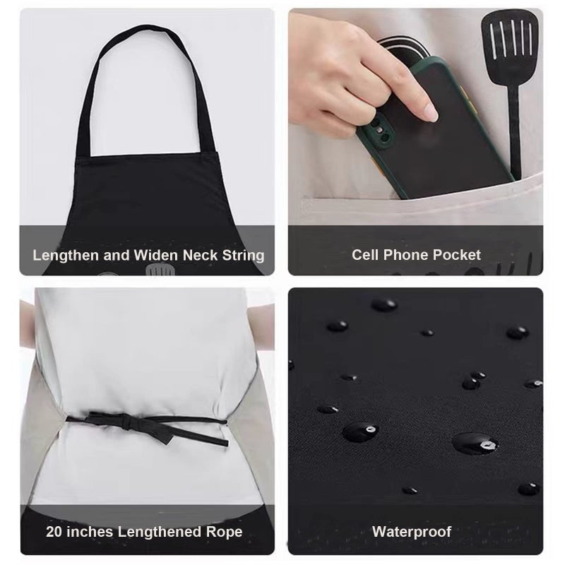 Agirlvct 2 Pack Kitchen Apron with Hand Wipe Water-drop Resistant with 2 Pockets Cooking Bib Aprons for Mother Women Men Chef Coffee Restaurant (Black&Beige) - Image 3