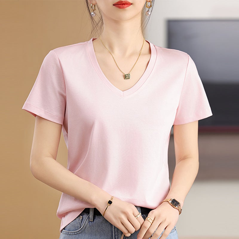 2025 summer new mercerized cotton short sleeve T-shirt womens V-neck womens clothing chicken heart collar jacket combed cotton clothing womens summer Sakura Powder