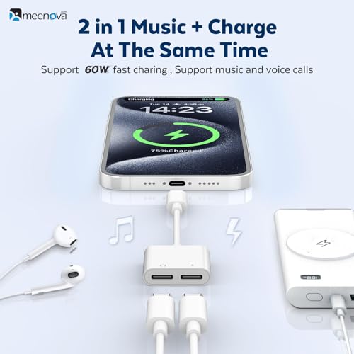 Meenova USB C Splitter 1 in 2 Out for iPhone 16 Headphone Adapter USB C and 60W Charger, Type C Audio Adapter with Fast Charging Dongle Compatible with iPhone 15, Galaxy S24/S23/S22/S21 Ultra iPad - Image 2