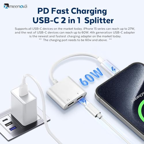 Meenova USB C Splitter 1 in 2 Out for iPhone 16 Headphone Adapter USB C and 60W Charger, Type C Audio Adapter with Fast Charging Dongle Compatible with iPhone 15, Galaxy S24/S23/S22/S21 Ultra iPad - Image 4