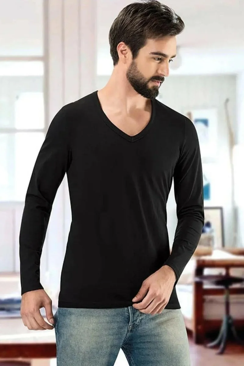 HMD 719 Men's V-Neck Long Sleeve Cotton Undershirt-Black