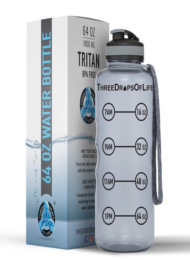 Three Drops of Life 64oz Tritan Plastic Water Bottle, Large, Smoke Gray, High Capacity Hydration Tracker, BPA Free, Reusable, Best for Indoor, Outdoor, Sports Use - Image 1