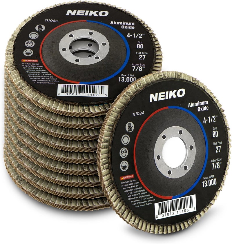 Neiko 11108A Aluminum Oxide Flap Disc - 4.5" x 7/8-Inch, 80 Grit, Flat Type #27, 10 Pack - Image 1