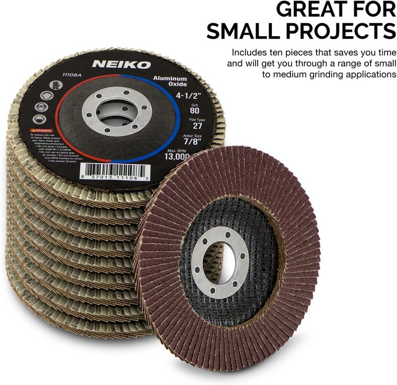 Neiko 11108A Aluminum Oxide Flap Disc - 4.5" x 7/8-Inch, 80 Grit, Flat Type #27, 10 Pack - Image 4