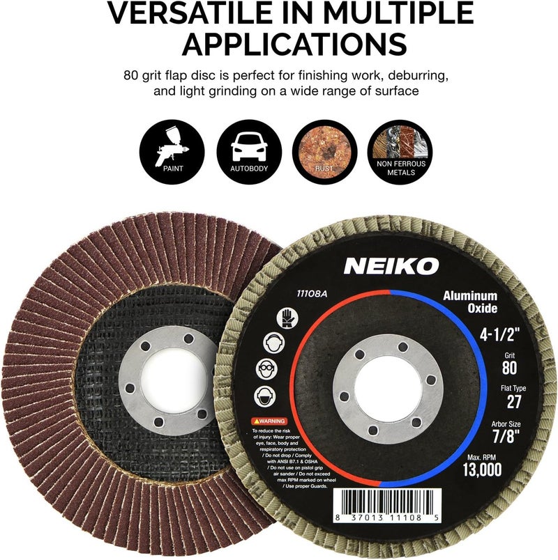Neiko 11108A Aluminum Oxide Flap Disc - 4.5" x 7/8-Inch, 80 Grit, Flat Type #27, 10 Pack - Image 3
