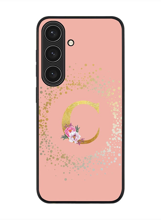 Rugged Black edge case for Samsung Galaxy S24 Case Cover- Custom Monogram Initial Letter Floral Pattern Alphabet-C  (Rose Pink )