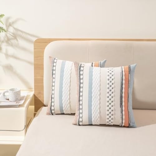 WANLIRD Boho Throw Pillow Covers 18x18 Set of 2 Farmhouse Decorative Cushion Case Striped Square Pillows Cover Chenille Pillow Cases Accent Neutral Pillowcase for Sofa Couch Bed,Orange-Blue - Image 5