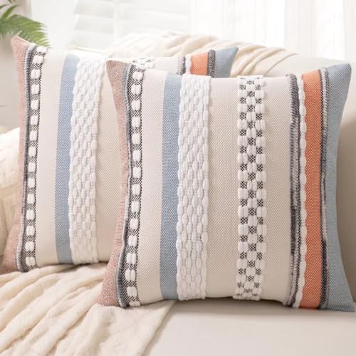 WANLIRD Boho Throw Pillow Covers 18x18 Set of 2 Farmhouse Decorative Cushion Case Striped Square Pillows Cover Chenille Pillow Cases Accent Neutral Pillowcase for Sofa Couch Bed,Orange-Blue - Image 1