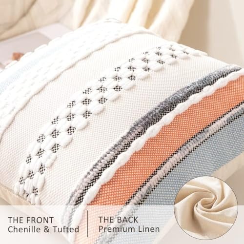 WANLIRD Boho Throw Pillow Covers 18x18 Set of 2 Farmhouse Decorative Cushion Case Striped Square Pillows Cover Chenille Pillow Cases Accent Neutral Pillowcase for Sofa Couch Bed,Orange-Blue - Image 2