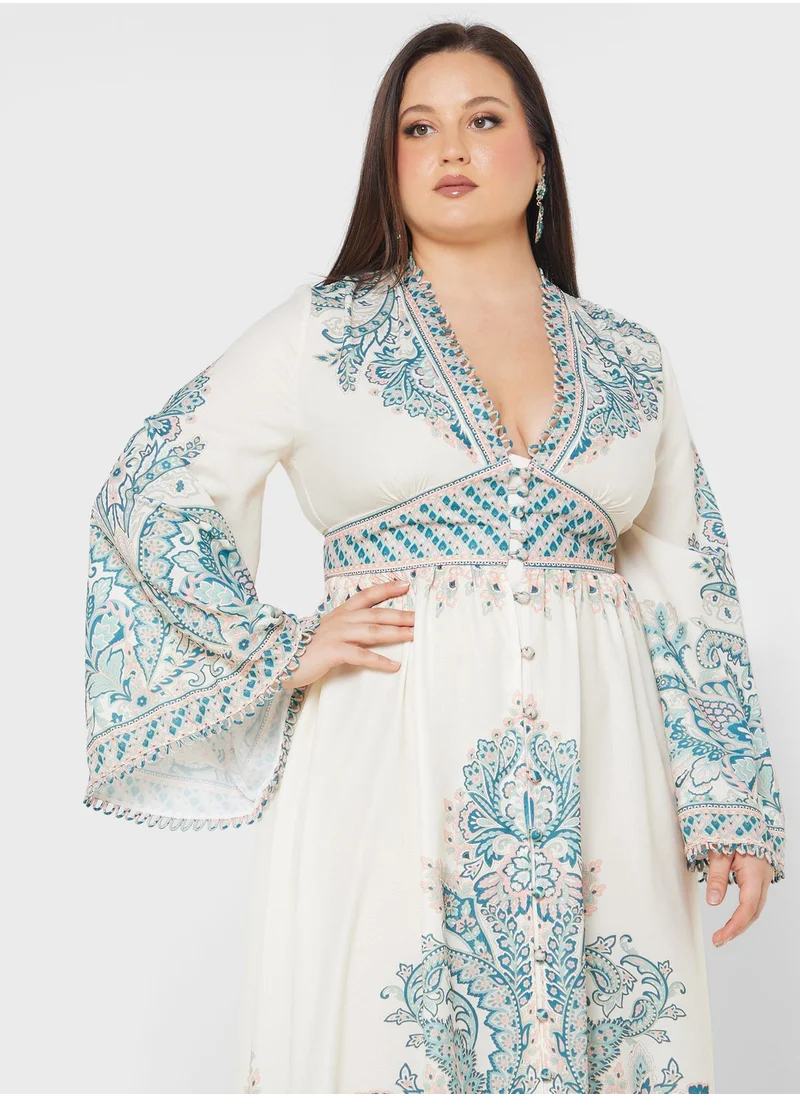 Khizana Abstract Print Flared sleeve Dress