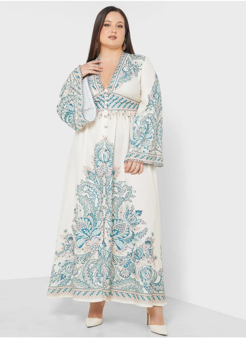 Khizana Abstract Print Flared sleeve Dress