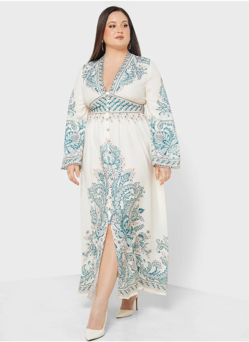 Khizana Abstract Print Flared sleeve Dress