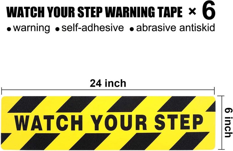 ARS Safety Warning Floor Stickers, Watch Your Step Caution Tape, Yellow Black Stripes, Adhesive Anti-Slip, 6x24 Inches, 4 Pack - Image 2