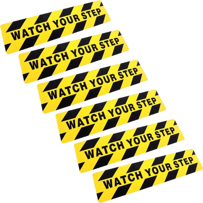 ARS Safety Warning Floor Stickers, Watch Your Step Caution Tape, Yellow Black Stripes, Adhesive Anti-Slip, 6x24 Inches, 4 Pack - Image 1