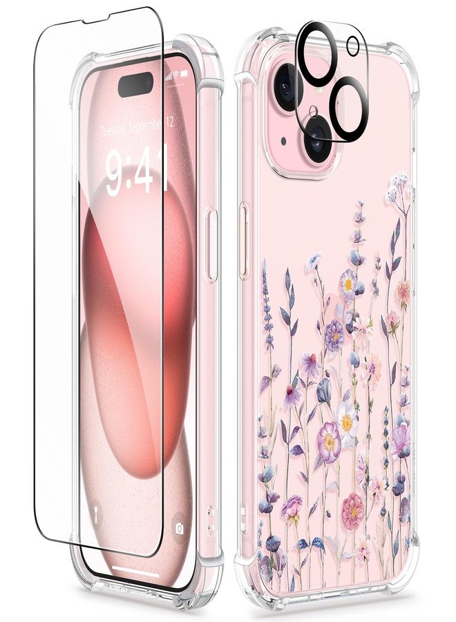 GVIEWIN for iPhone 15 Case, [3 in 1] with Screen Protector & Camera Lens Protector, Clear Soft Shockproof Slim Fit Floral Phone Cover for Women Girls 2023 6.1" (Floratopia/Colorful) - Image 1