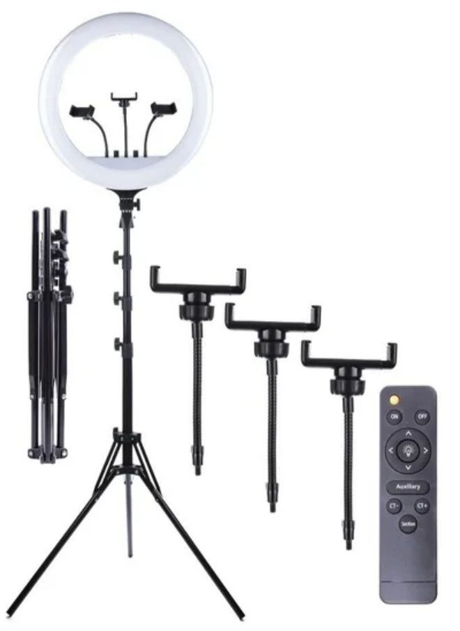 SHOPI - 19 Inch Ring Light Tripod Mount Live Broadcast Dual Phone Bracket RL-18 White - Image 1