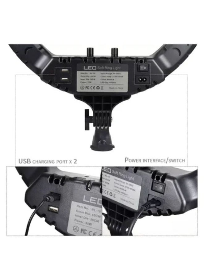 SHOPI - 19 Inch Ring Light Tripod Mount Live Broadcast Dual Phone Bracket RL-18 White - Image 1