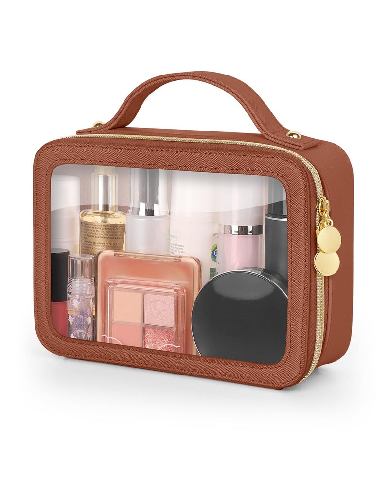 Soimeat Clear Makeup Bag, Portable Travel Cosmetic Bags, Multipurpose Leather Toiletry Bag with Zipper, Waterproof Transparent Cosmetic Organizer for Women, Medium, Brown - Image 1