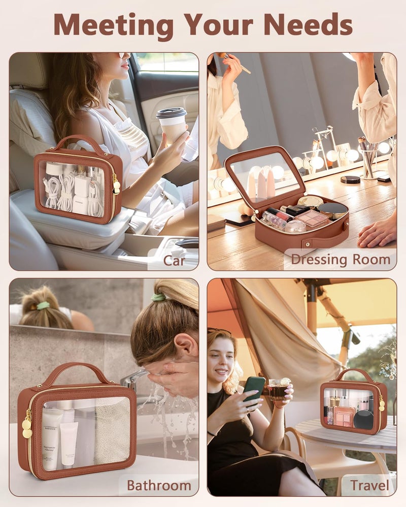 Soimeat Clear Makeup Bag, Portable Travel Cosmetic Bags, Multipurpose Leather Toiletry Bag with Zipper, Waterproof Transparent Cosmetic Organizer for Women, Medium, Brown - Image 3